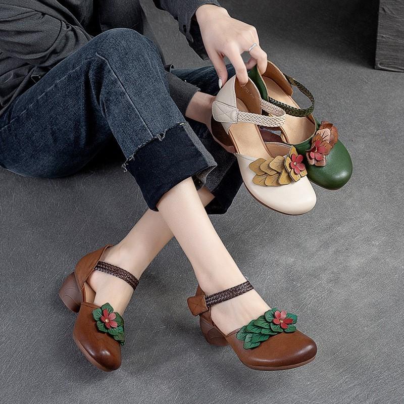 Johnature Женские сандалии в стиле ретро из натуральной кожи, универсальные сандалии ручной работы на среднем каблуке с цветочным узором и круглым носком, женская обувь