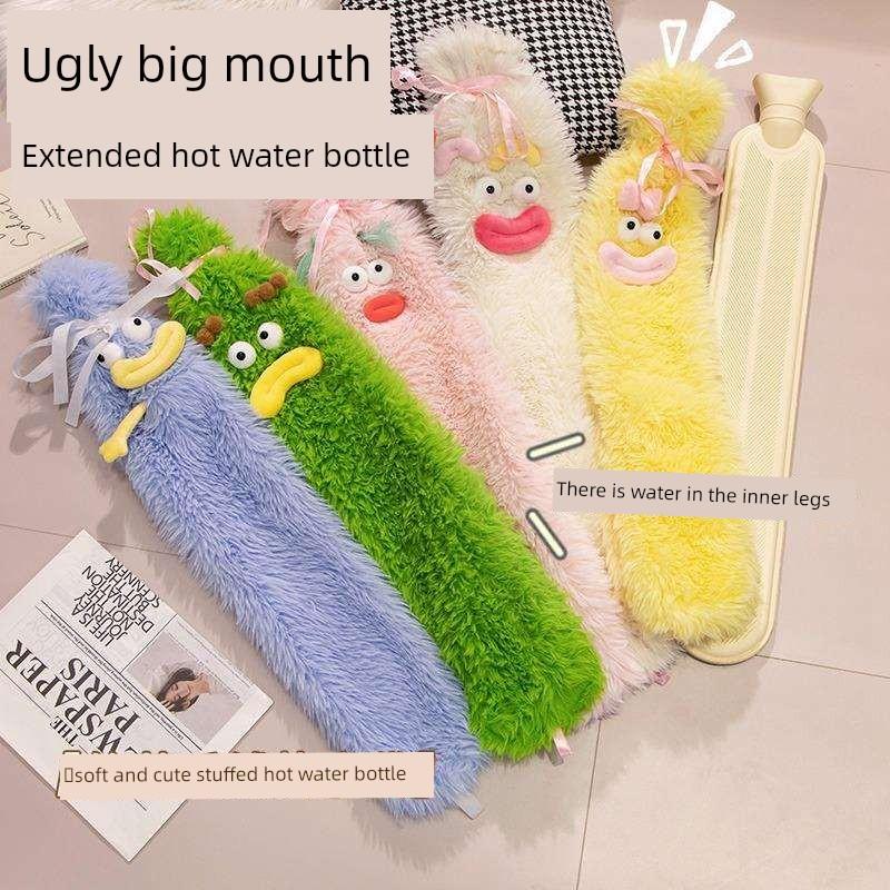 Cartoon Big-Eyed Ugly-Cute Warm Bed Water-Filled Hot Water Bottle, Large Long Strip Water-Filled Hot Water Bottle, Ugly-Cute Plush Cover Hot Water