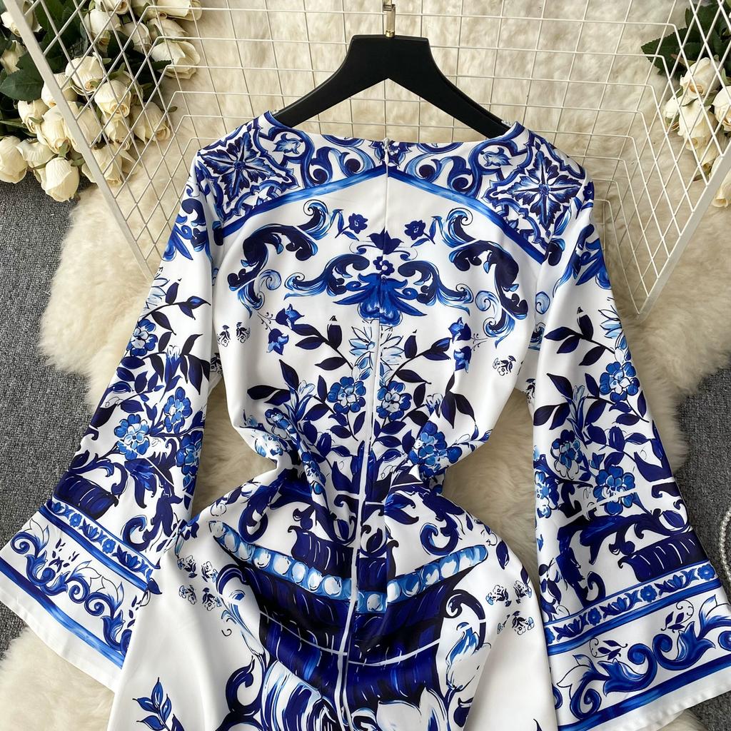 Autumn Vintage Brand Designer Print Runway Dresses Women Flare Sleeve Mini Short Party Dress