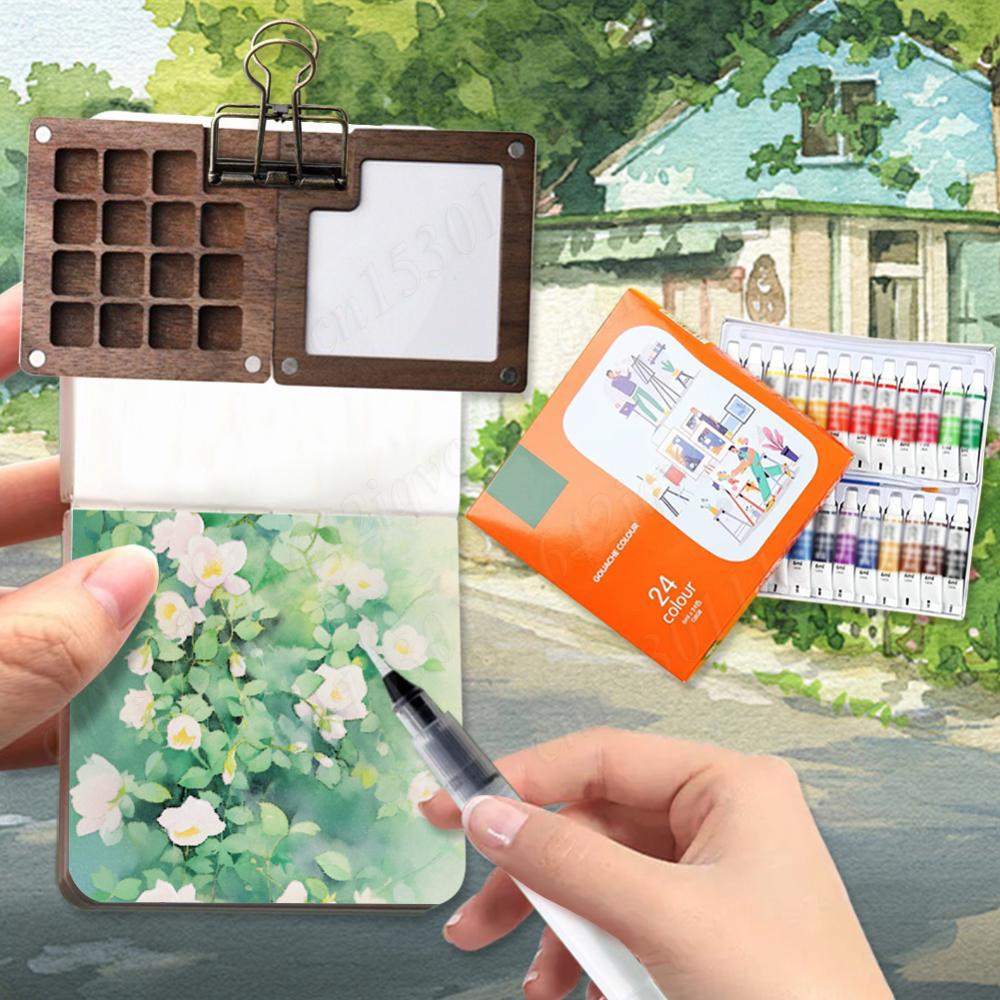 Портативный набор акварели Дорожная палитра для красок Мини-набор акварели с зажимом Деревянная сетка Коробка для красок Принадлежности для искусства на выезде