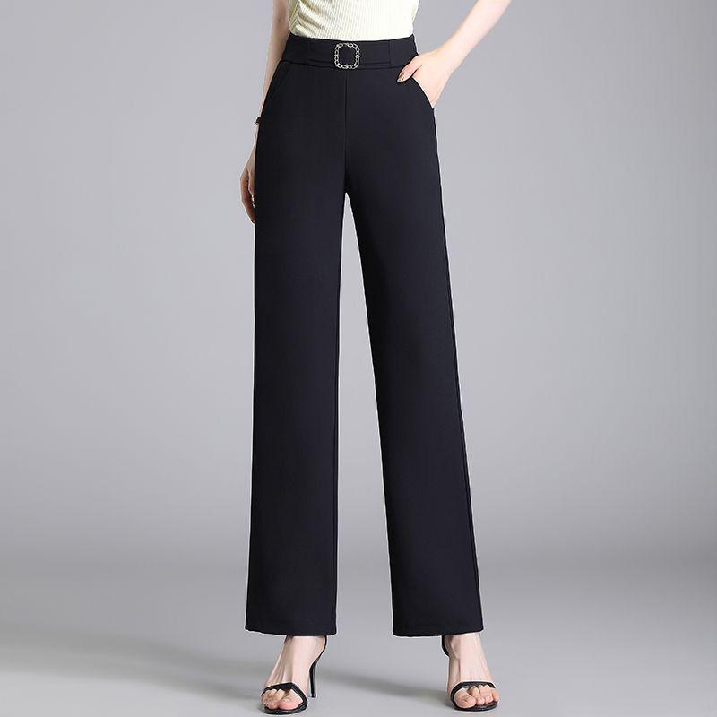 Women's Loose Summer High-Waist Slimming Wide-Leg Straight Pants - Solid Color with Excellent Drape