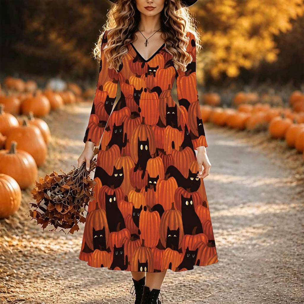 Halloween Women's Pumpkin Print Midi Dress A Line Dress Vacation Casual Daily Regular Fit Long Sleeve V Neck Black Spring Fall