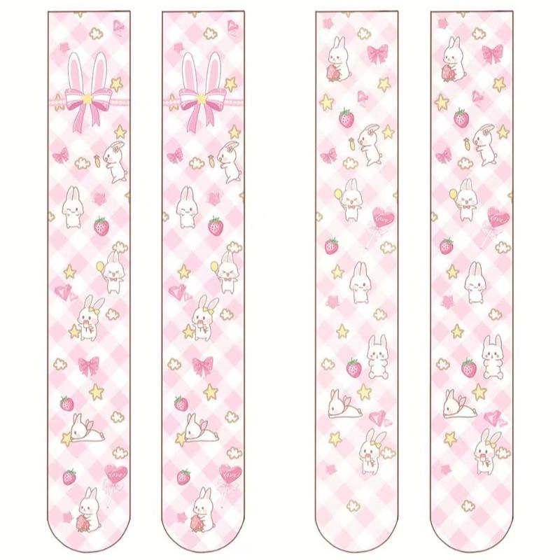 Women Lolita Cartoon Rabbit for Cat Printed Thigh High Stockings Japanese Anime Kawaii Strawberry Bow Cosplay Over Knee Long