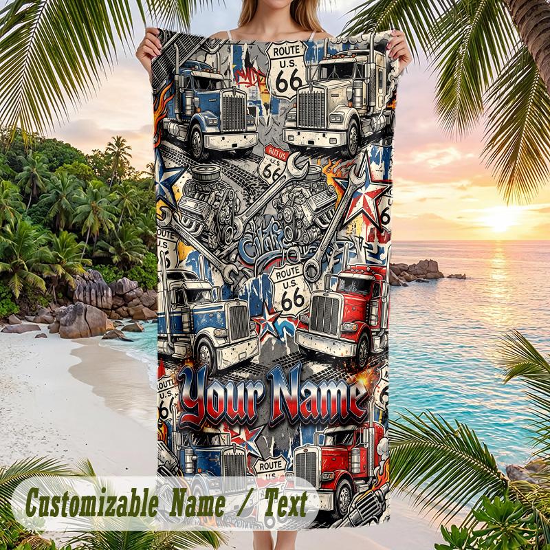 Truck Theme Beach Towel Personalized Custom Name & Text Soft Quick Dry Beach Towel for Swimming Travel