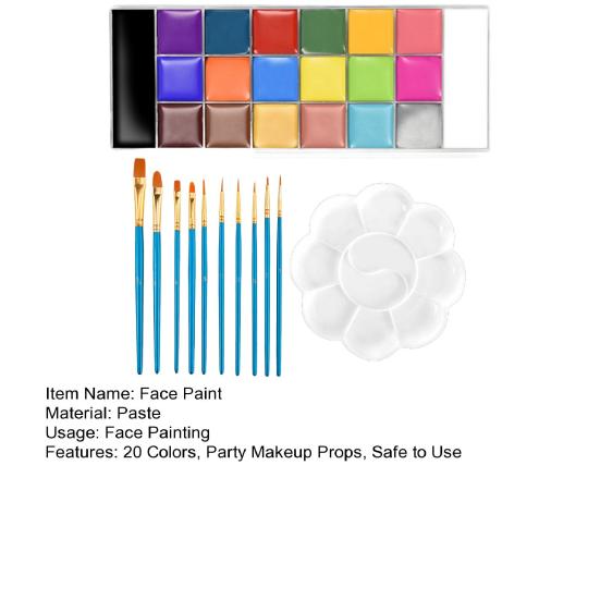 Палитра красок для лица, 20 цветов, с 10 кистями, крем для рисования лица, Хэллоуин, Рождество, косплей, вечерние, боди-арт, паста для макияжа
