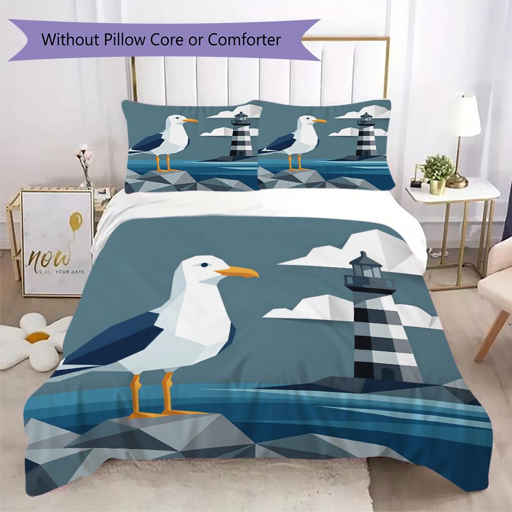 Geo Lighthouse Gull Pattern Bedding uilt Set uilt Cover Pillowcase Home Decoration Birthday Gift (1 * duvet cover + 2 * pillowcase without core)