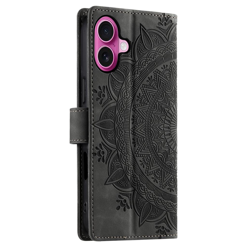 Style 018 For iPhone 16 Case Imprinted Totem Skin Feel Wallet Leather Phone Cover - Grey