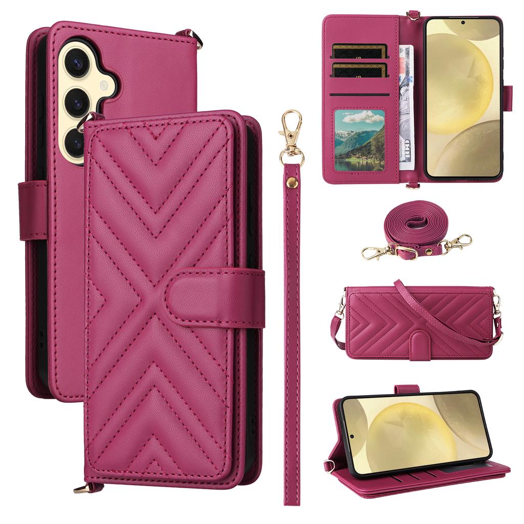 For Samsung Galaxy S24 Wallet Case with Shoulder/Wrist Strap Leather Phone Cover Stand