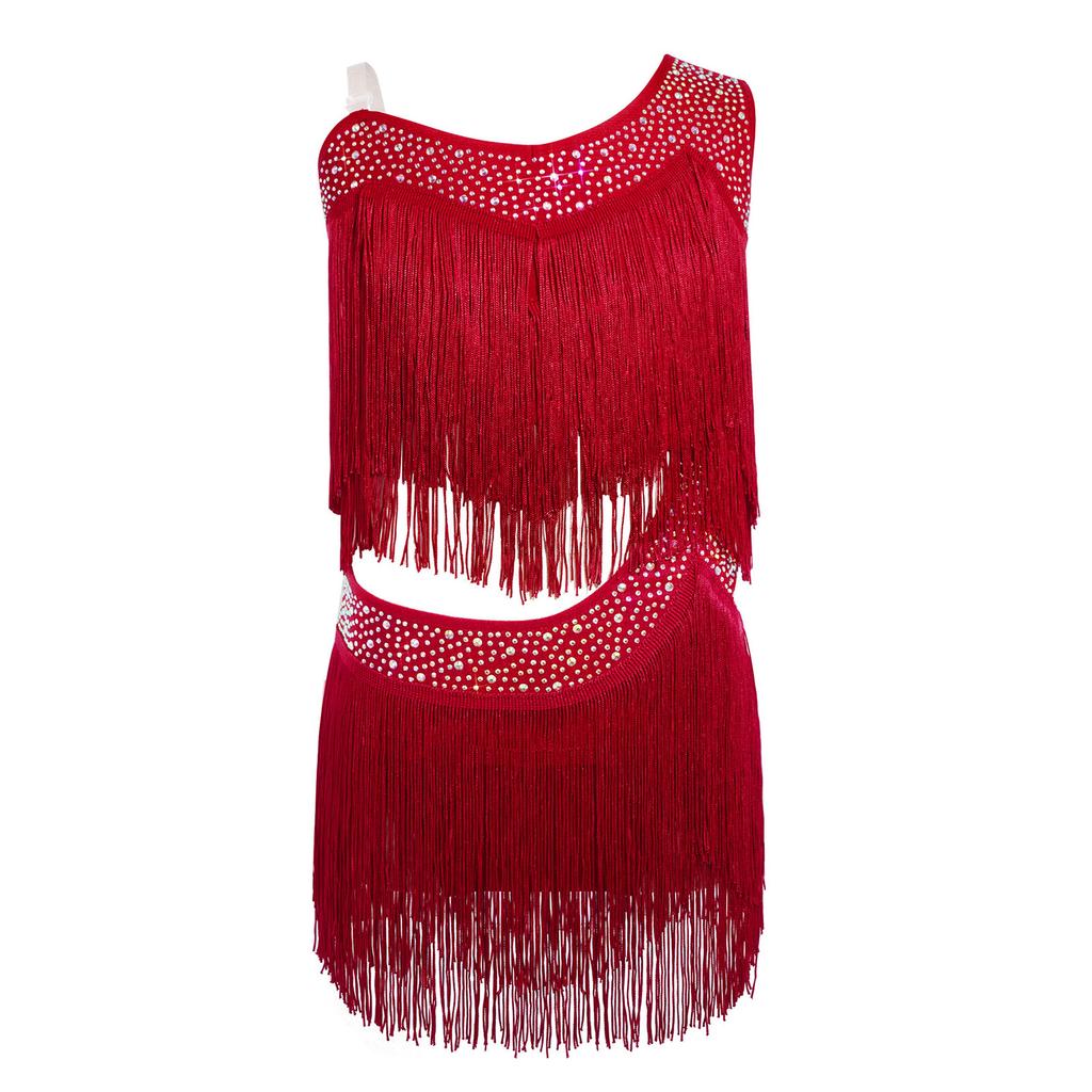 Girls Tassel Latin Dance Dress Asymmetrical Fringe Shiny Rhinestones Cutout Stage Performance Costume
