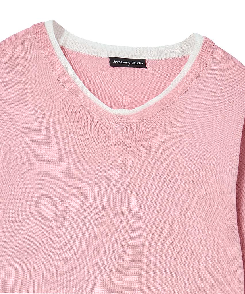 AWESOME STUDIO Classic Layered V-Neck Knit Light Pink