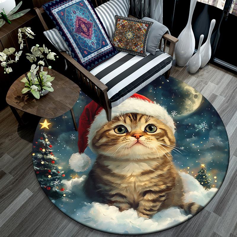 Christmas cat pattern round rug,Carpet Rug for Living Room Bedroom Playroom ,Non-slip Floor Mat,Holiday Gifts and Birthday Gifts.