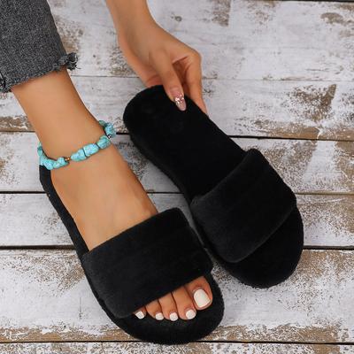 Женские модные трендовые нескользящие теплые однотонные шлепанцы на плоской подошве