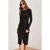 Women's Black Button Detailed Slit Midi Flexible Dress Elb-19002256