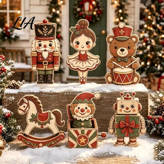 Retro Style Wooden Decorations 6Pcs Christmas Tabletop Signs, Xmas Sign Decor, Santa Indoor Party Supplies Snowman Reindeer Gingerbread House