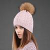 Women Double Layer Knitted Hats Winter Warm Beanies Wool Hat With Pompom Natural Fur Raccoon Fashion Female Cap