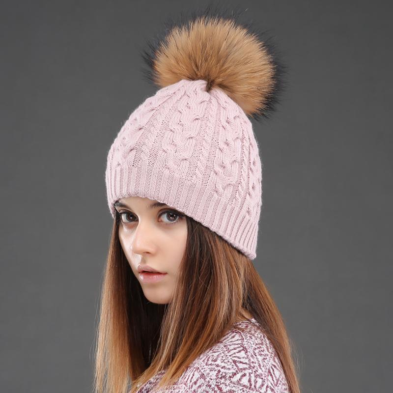 Women Double Layer Knitted Hats Winter Warm Beanies Wool Hat With Pompom Natural Fur Raccoon Fashion Female Cap