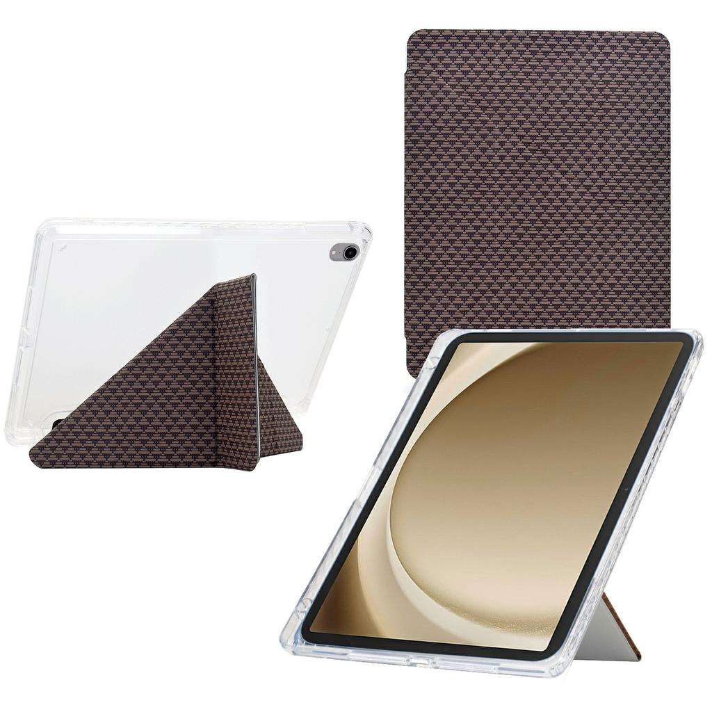 For Samsung Galaxy Tab A9+ Case Y-Fold Stand Pyramid-Patterned Leather+Clear Acrylic Tablet Cover with Pencil Holder