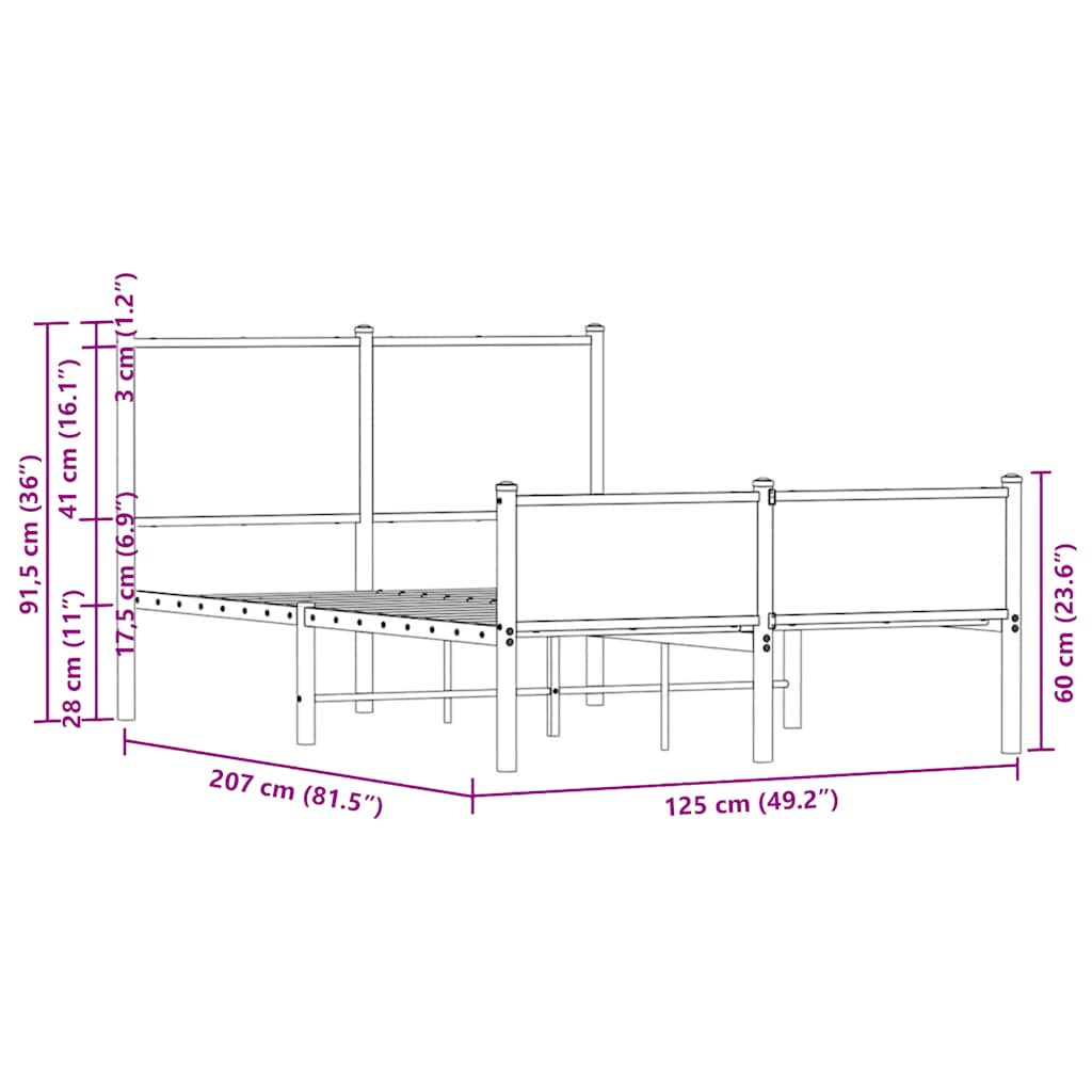 Metal Bed Frame without Mattress Smoked Oak Finish 120 x 200 cm