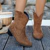 Мода 2025 Однотонные женские полусапоги на среднем каблуке Вышитые сапоги в стиле вестерн Классические женские туфли на низком каблуке