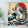 Japanese Cat Shower Curtain, Vintage Anime Sunset Wave Art, Waterproof Fabric With Hooks
