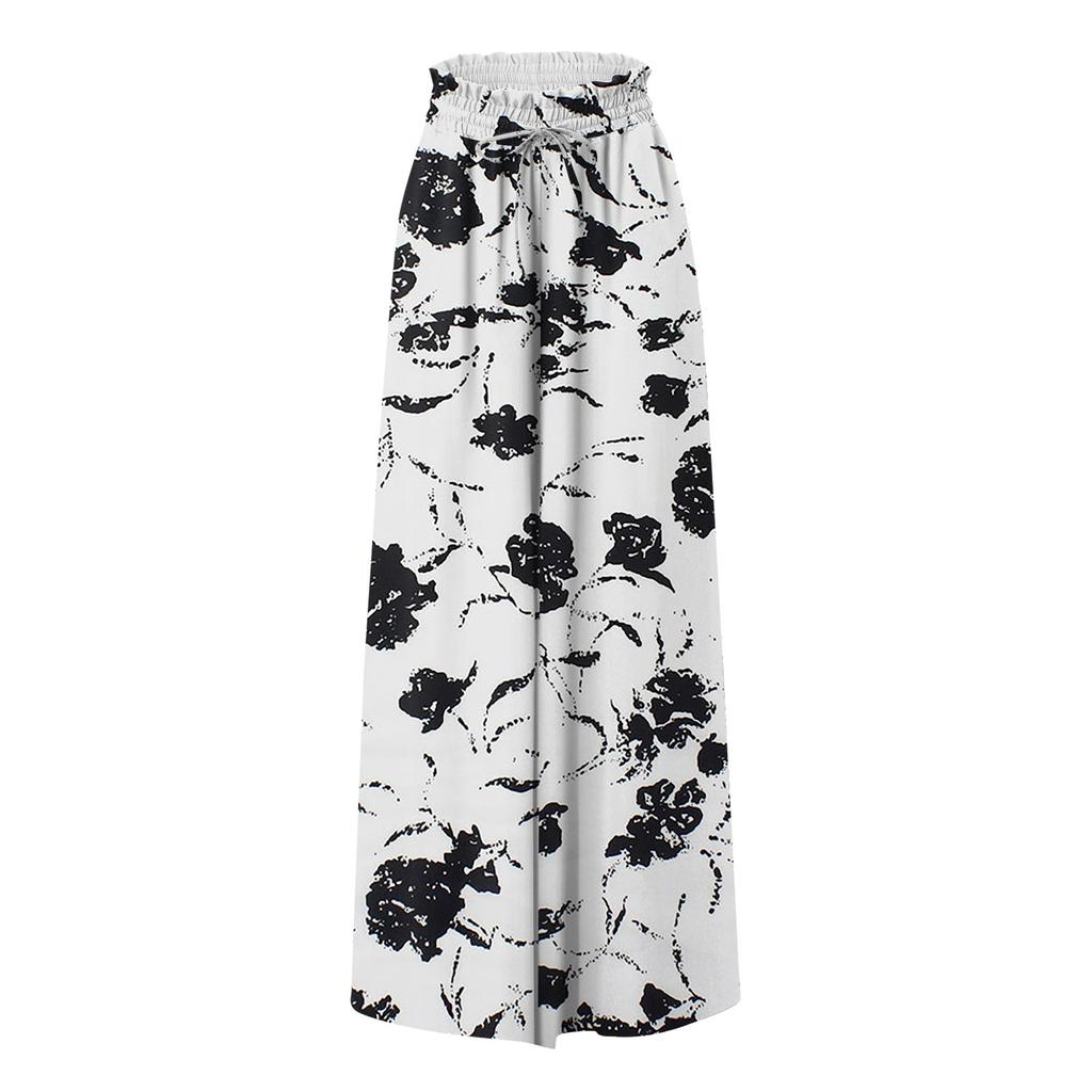 Женские летние широкие брюки с высокой талией и струящимися карманами, модные повседневные повседневные пляжные брюки в богемном стиле с принтом