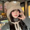 Cute bear plush hat female winter face small bucket hat warm ear protector tether basin hat knitted wool hat