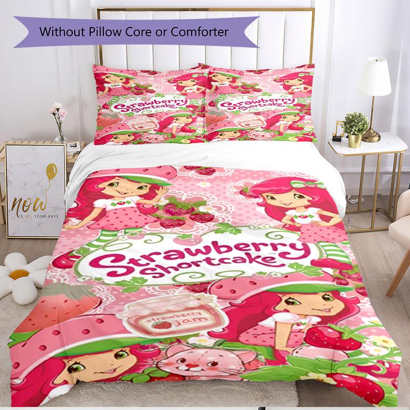 3pcs Duvet Cover Set (1*Duvet Cover + 2*Pillowcase, Without Core), Strawberry Shortcake Print Soft All‑Season Bedding Set, Home Bedroom Decor Gift