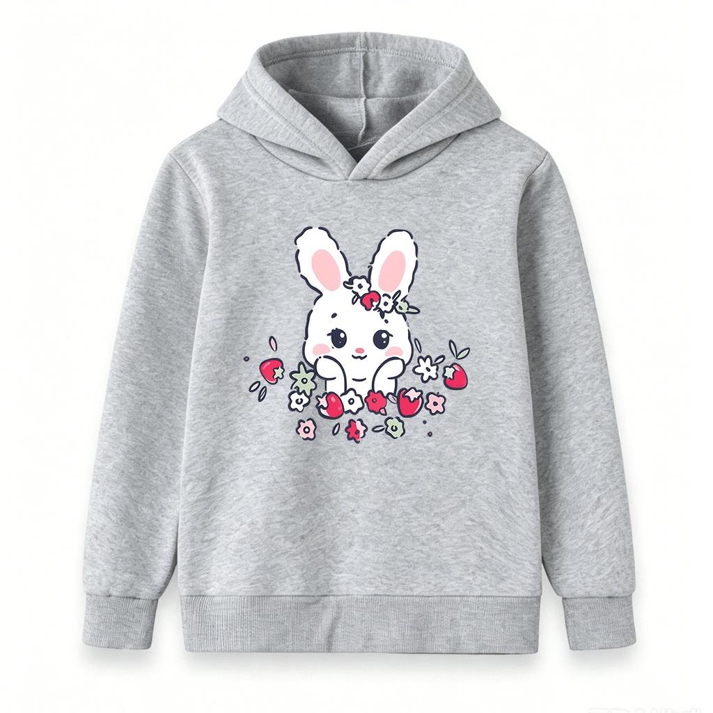 Kids Boys Girls Cute White Bunny Flower Strawberry Print Pullover Hoodie Soft Casual Sweatshirt For Toddlers Children Spring Autumn Warm Daily Tops