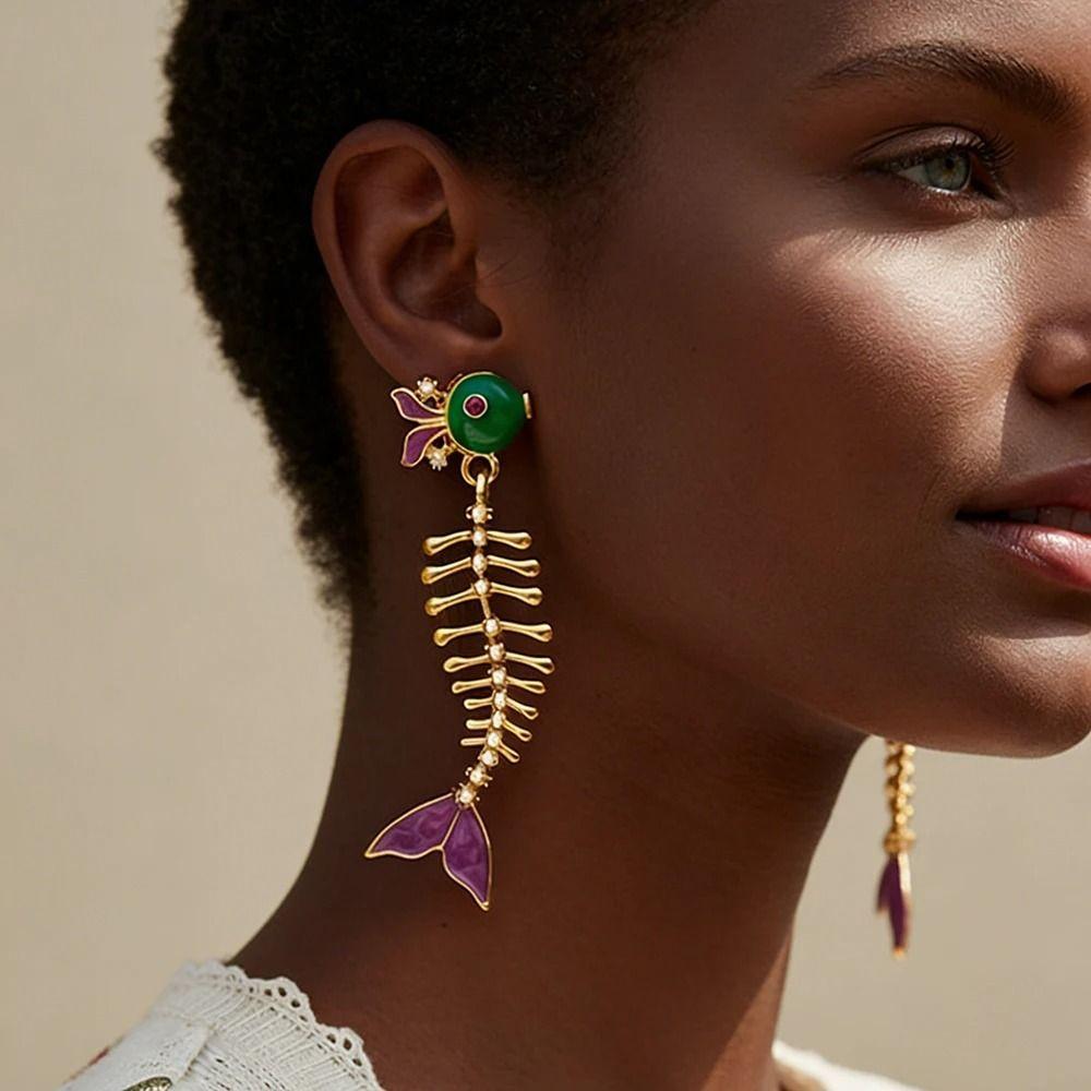 Creative Enamel Fishbone Dangle Earrings Fish Charm Metal Geometric Stud Earrings Alloy Retro Bohemian Dangle Earring Holiday
