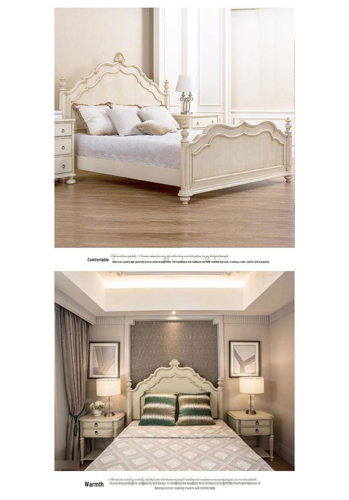 French Retro Solid Wood Double Bed - American Modern White Princess Bed for Master Bedrooms and Small Apartments (1.8m/1.5m)