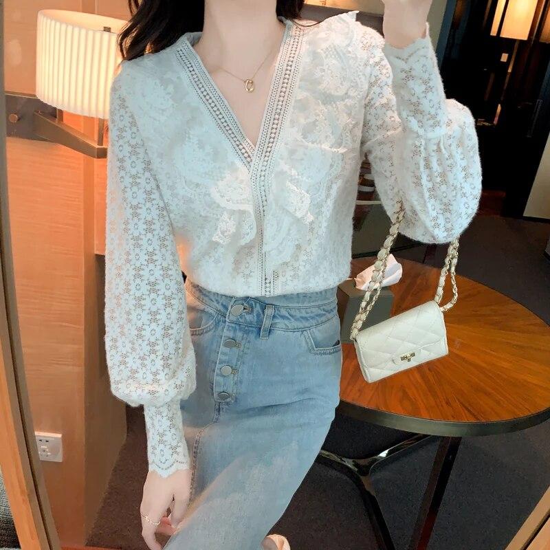 Французская элегантная женская блузка с v-образным вырезом, осенний топ с рюшами и длинными рукавами, милая кружевная блузка, белая полая нежная женская рубашка Blusas 17251