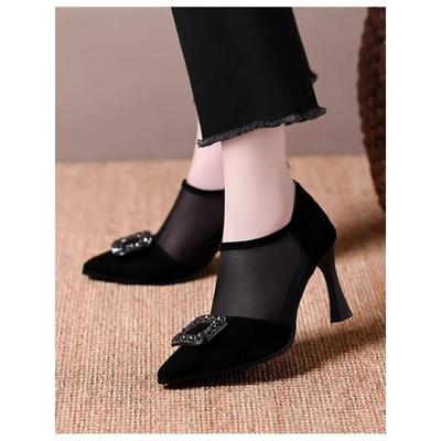 Туфли-лодочки на высоком каблуке из сетчатой пряжи с квадратной пряжкой и стразами, женские весенне-летние, из мягкой кожи, дышащие ботильоны-сетка с полым верхом, с закрытым носком