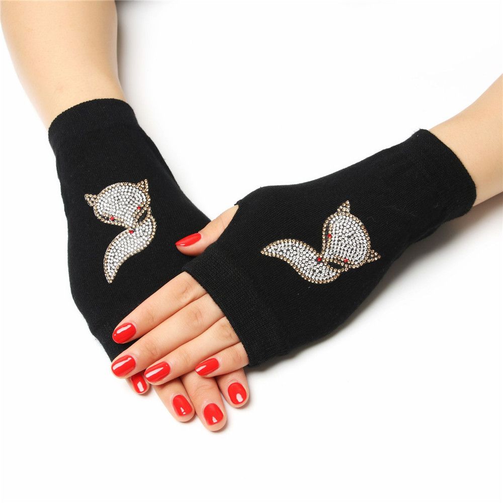 Rhinestone Wool Knitted Half Finger Computer Mittens Warm Gloves Fingerless Gloves