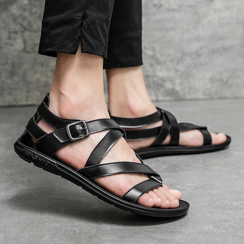 Горячая распродажа роскошные мужские кожаные сандалии летние дизайнерские римские гладиаторские сандалии мужские черные плоские сандалии для мужчин пляжные шлепанцы