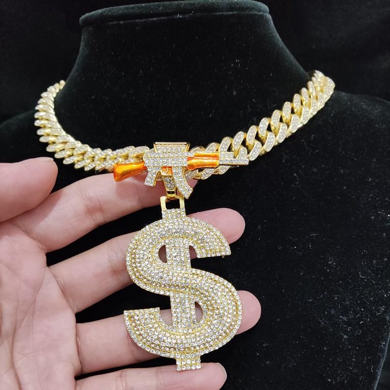 Ожерелье с подвеской в ​​форме доллара и пистолета в стиле хип-хоп для мужчин и женщин с кубинской цепочкой 13 мм, оригинальное ожерелье в стиле хип-хоп, модные очаровательные ювелирные изделия