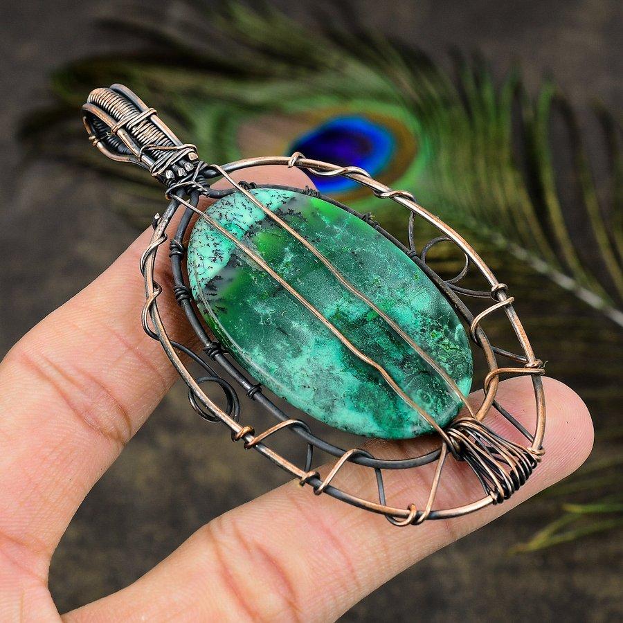 Green Dendritic Gemstone Copper Wire Wrap Jewelry Pendant 3.55"