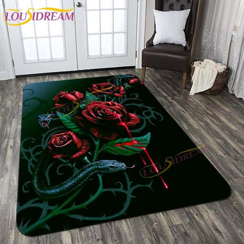 3D New Flaming Rose Floor Mat Area Rugs Rose and Skull Printed Rug and Carpets for Bedroom Home Living Room Valentine's Day Gift
