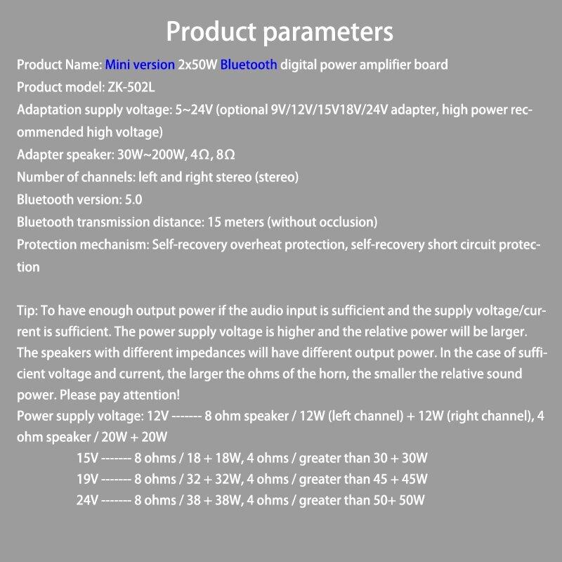 ZK-502L MINI Bluetooth 5.0 DC 5-24V Беспроводной цифровой усилитель мощности стерео 50 Вт x 2 Bluetooth Amplificador