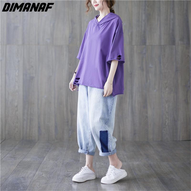DIMANAF 2023 летние женские футболки больших размеров, однотонные топы с принтом, футболки-туники, свободная хлопковая рубашка оверсайз, повседневная фиолетовая одежда