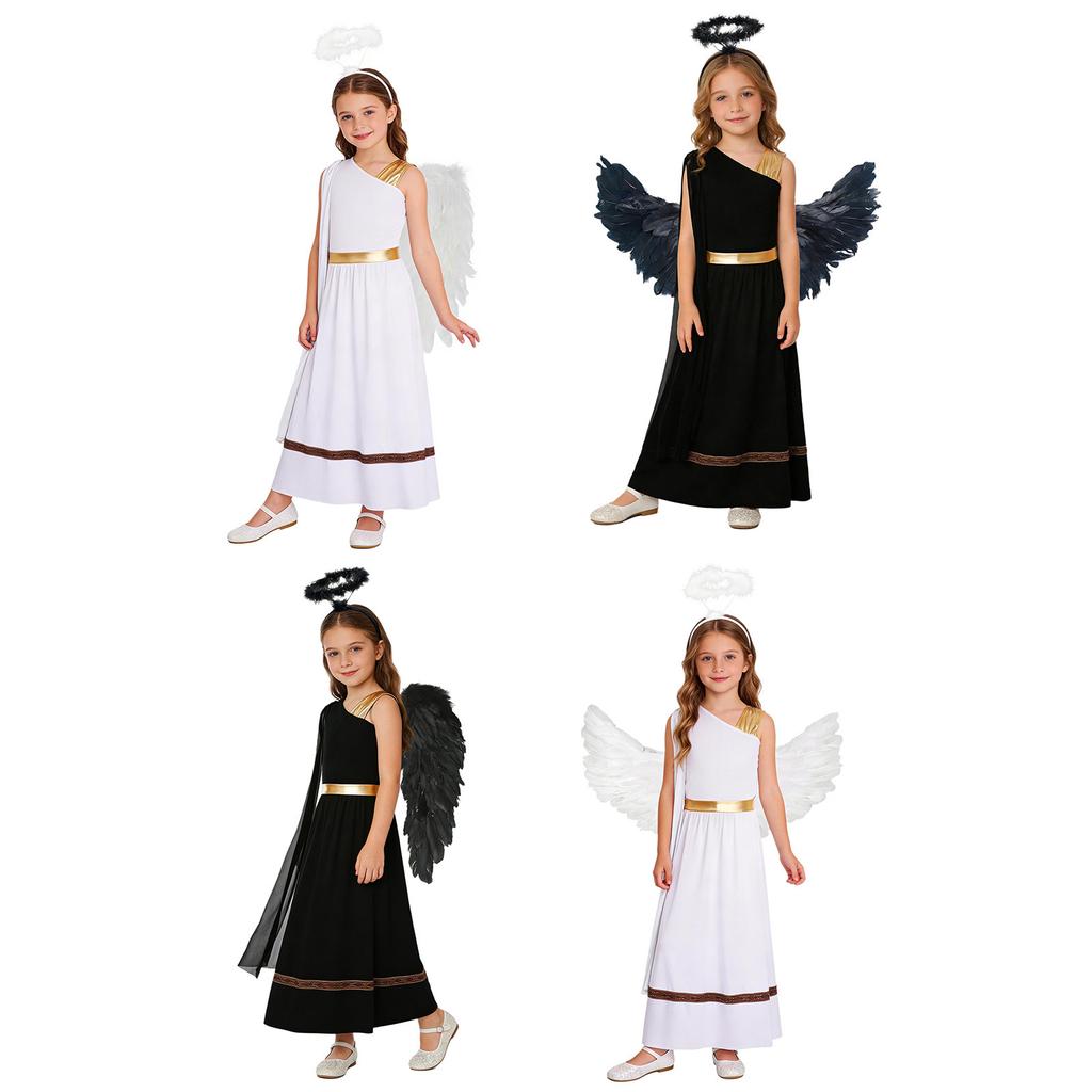 Girls 3 Pieces Greek God Roman Costume Outfit Metallic Gloss Patchwork Sleeveless Dress with Feather Angel Wings and Hair Hoop Cosplay Stage