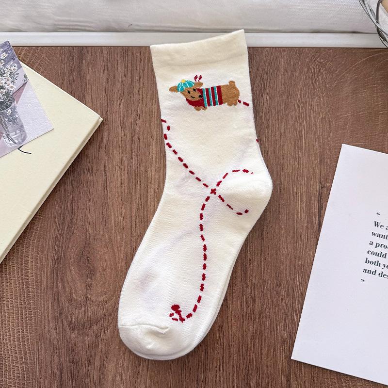 Female Summer Thin Cartoon Illustration Dog Star White Medium Tube Cotton Socks