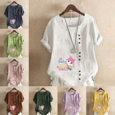 Женская модная футболка с короткими рукавами и принтом милого кота, свободная хлопковая рубашка, повседневная свободная летняя блузка, топы больших размеров