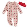 Baby Girl Valentine 's Day Outfits Long Sleeve Heart Print Footie Jumpsuit with Headband Set Newborn Clothes