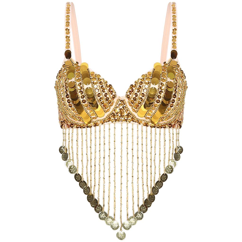 Женский блестящий бюстгальтер на косточках с блестками, бусинами, кисточками и топами для танца живота Rave