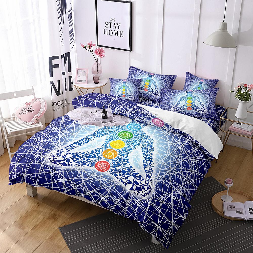 Yoga Duvet Cover King Queen Chakra Meditation Bedding Set Blue Mandala Boho Hippie Style With Chakra Art microfiberQuilt Cover