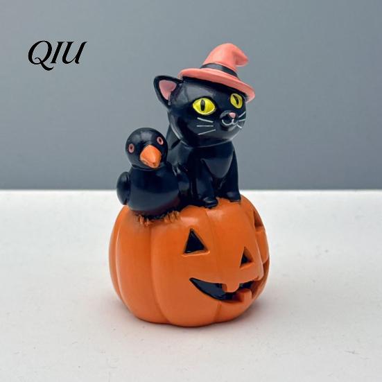 Pink Wizard Hat Cat Halloween Pumpkin Figurine, Retro Black Stacked Resin Decorations Tabletop Figurine for Table Desk Office Mantel Home Fireplace
