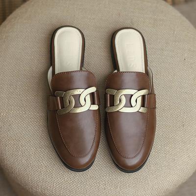 Ретро металлические цепочки мюли женские закрытые тапочки сандалии шлепанцы женские летние туфли пантуфли плоские с острым носком 34-40