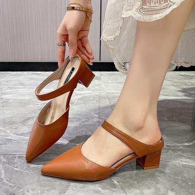 Босоножки Женские Летние Шлепанцы Новые Босоножки с Острым Носком и Массивным Каблуком Большого Размера Женская Мода Женские Туфли Мюли