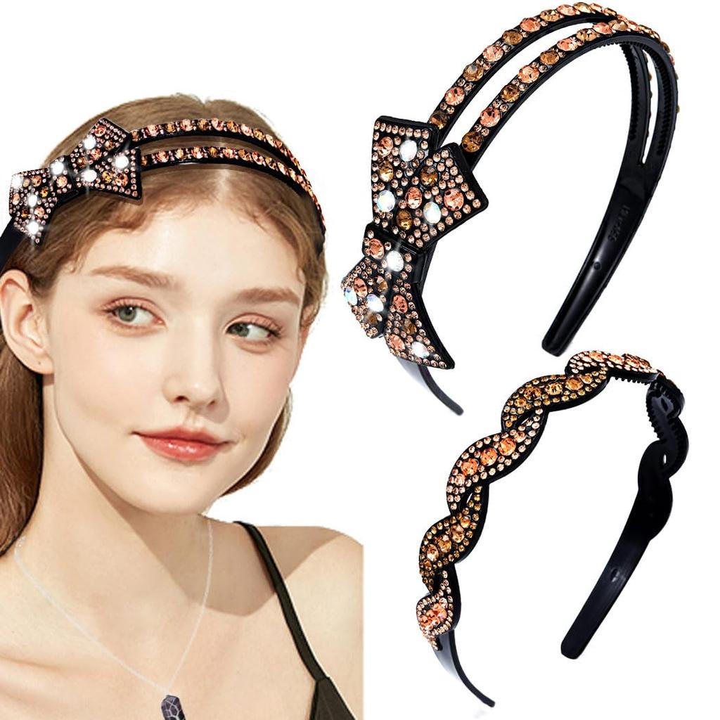 Purple Rhinestone Headbands for Women Crystal Floral Bejeweled Hairbands Double Row Non-Slip Hair Hoop (A-purple)