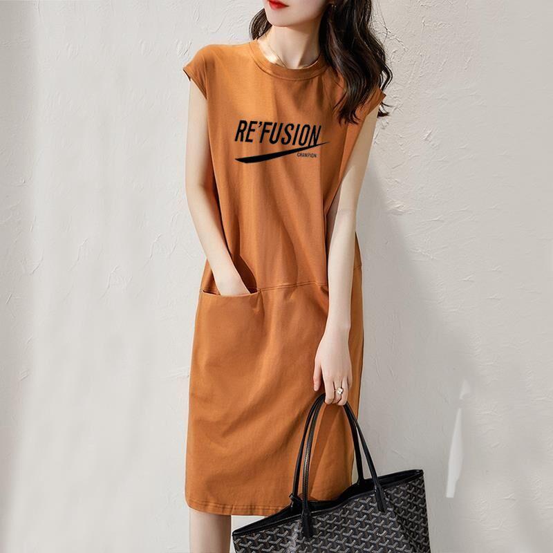 Women's T-shirt Skirt Summer New Loose Ins Printed Mid-length Sleeveless Dress Trendy